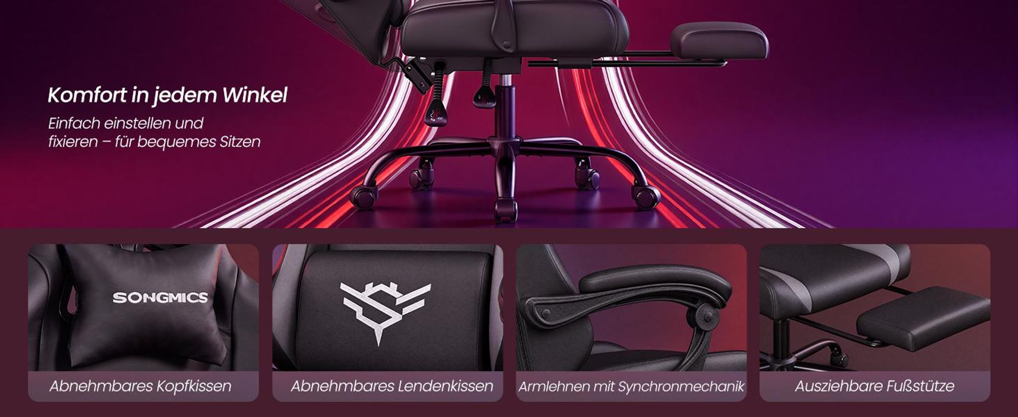 SONGMICS Gaming Stuhl, Ergonomischer Bürostuhl aus Kunstleder, mit Fußstütze und Lendenkissen, 135° Neigung, 70 x 70 x 120-130 cm, Schwarz