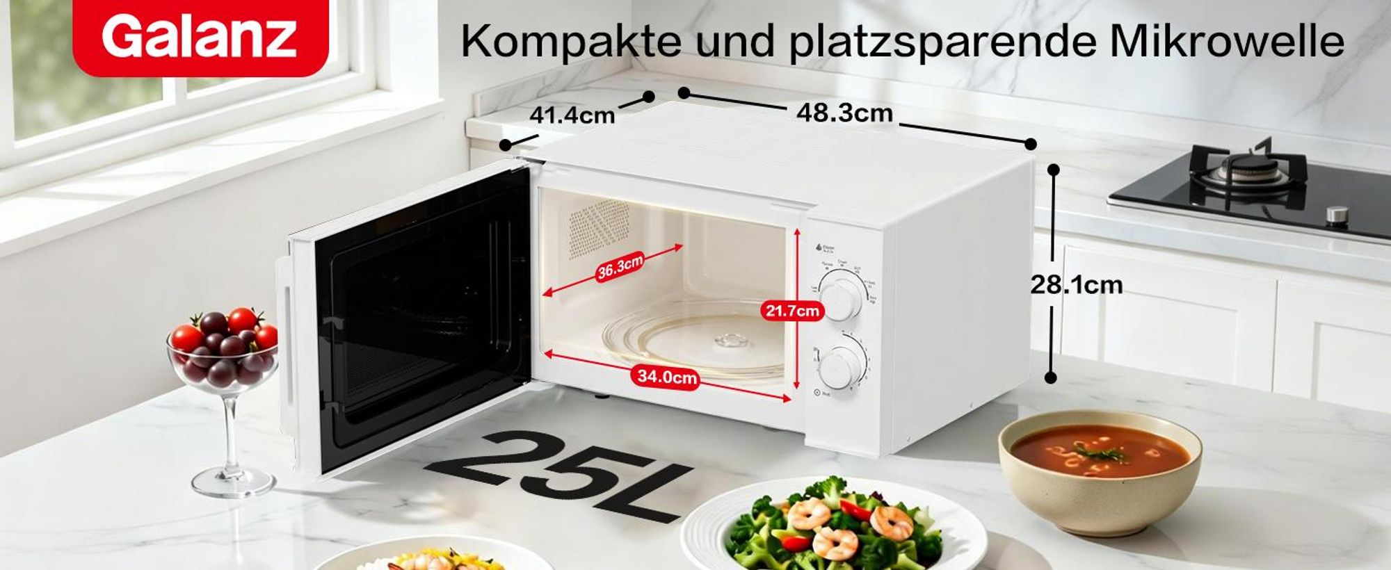Galanz Mikrowelle 25L 900W Drehregler 6 Leistungsstufen Auftaufunktion weiß