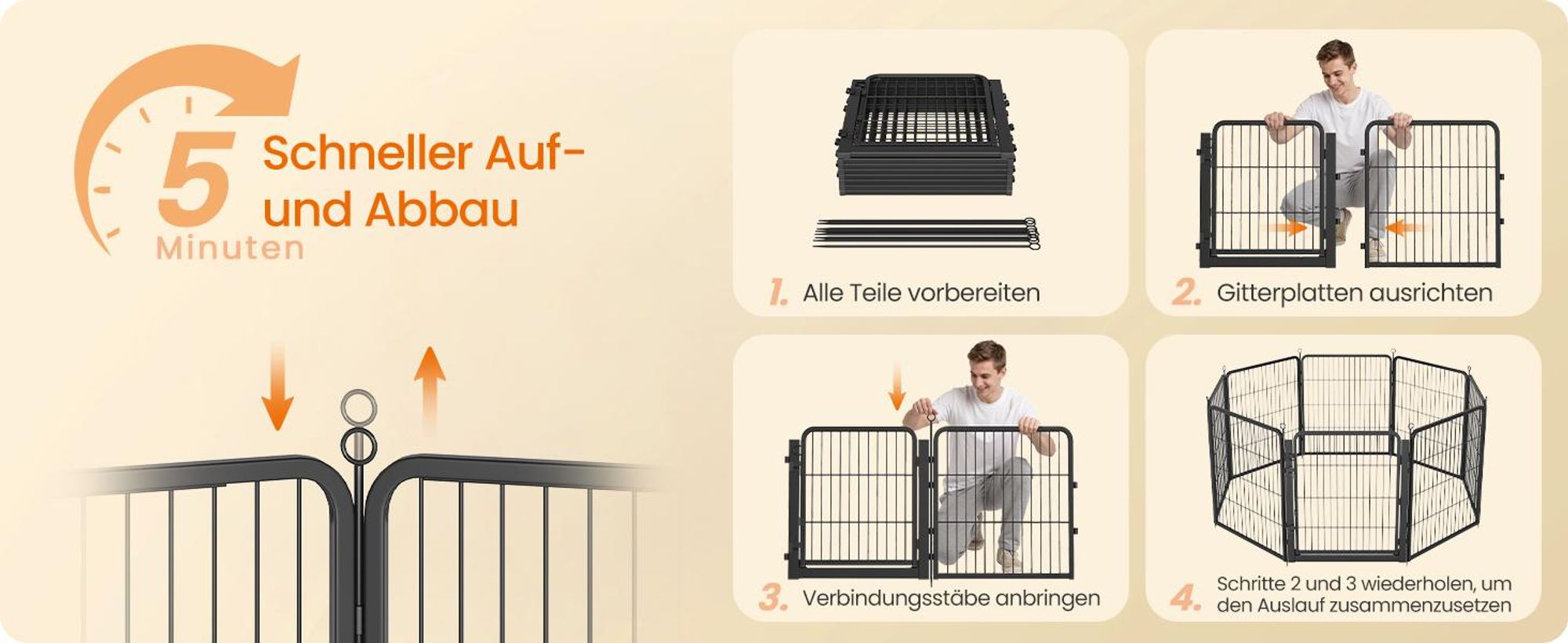 FEANDREA Flexibles Freigehege aus Rostfreiem Metall mit Tür, für Indoor und Outdoor, 170 x 170 x 80 cm, Schwarz