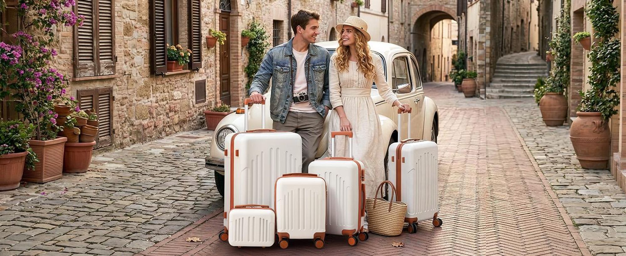 FCH Kofferset, 5tlg. Hartschalen Reisekoffer & Trolley Set S-M-L-XL + Handtasche, 360° Rollen, Beige