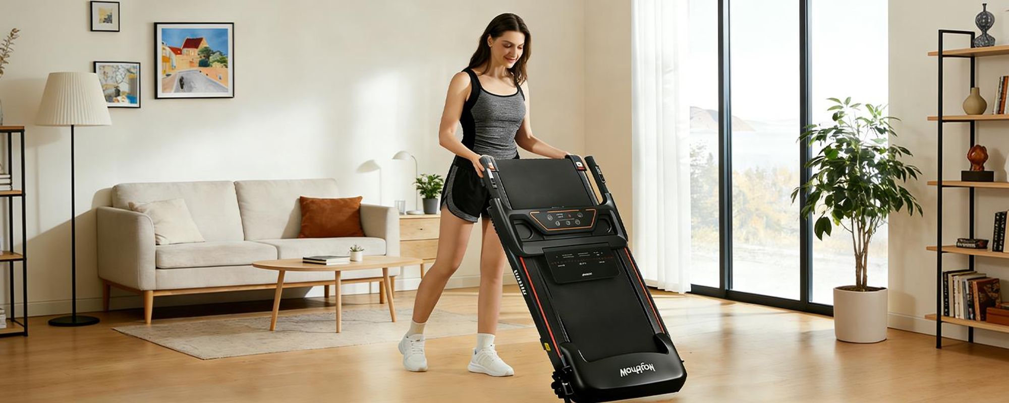 Běžecký pás ZMH Walking Pad pro domácí použití, rychlost 14 km/h, skládací, s držákem na stůl, LED displejem a tlačítky pro měření srdečního tepu, černý