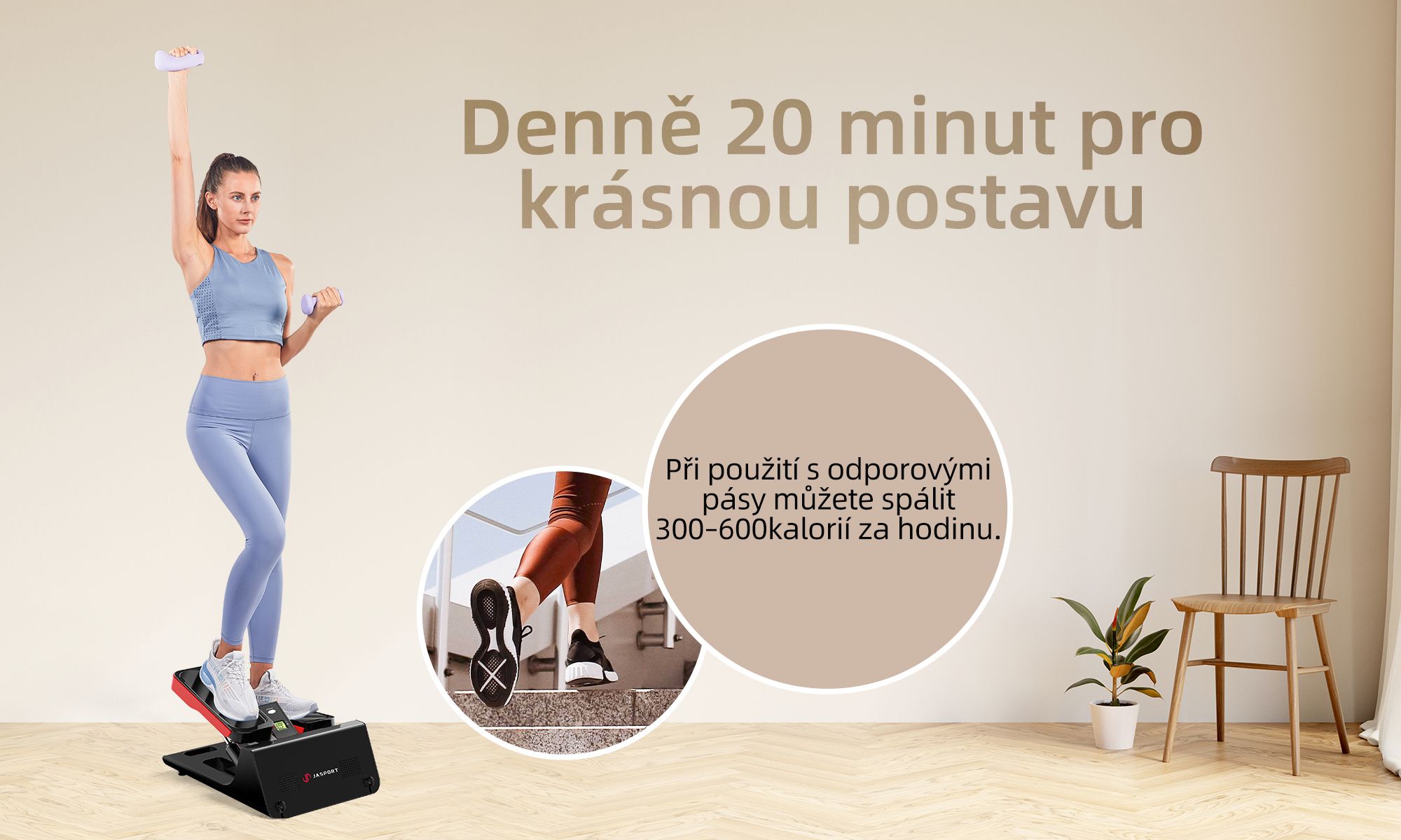JASPORT ST3 stepper, stepper nahoru-dolů s posilovacími lany, odporový trénink, s multifunkčním displejem, neopotřebitelné hydraulické válce, tichý ch