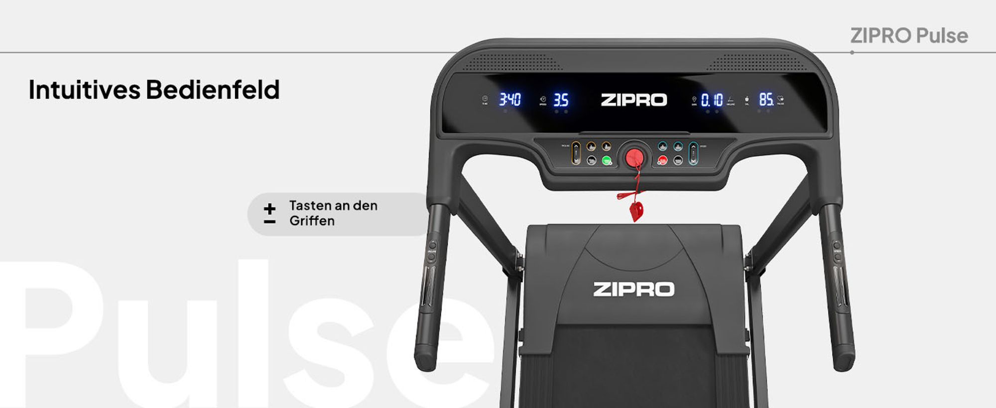Zipro Laufband Elektrisch Pulse – Mit Automatischer Steigung Belastbar Klappbarer Heimtrainer mit 8-fach Dämpfung Pulsmessung & LED Display Bis 130kg