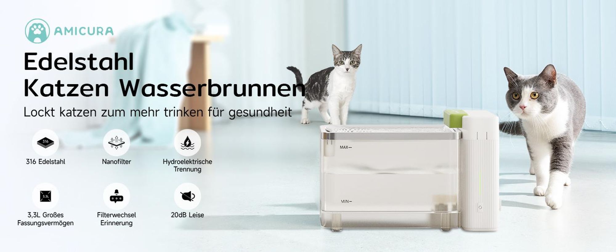 Amicura A3 Lite Trinkbrunnen für Katze mit Ultrafiltrationstechnologie - 3,3L Großer Tank, SUS316 Edelstahl-Trinkschale, ≤25dB, 100% Wasserdicht (Weiß)