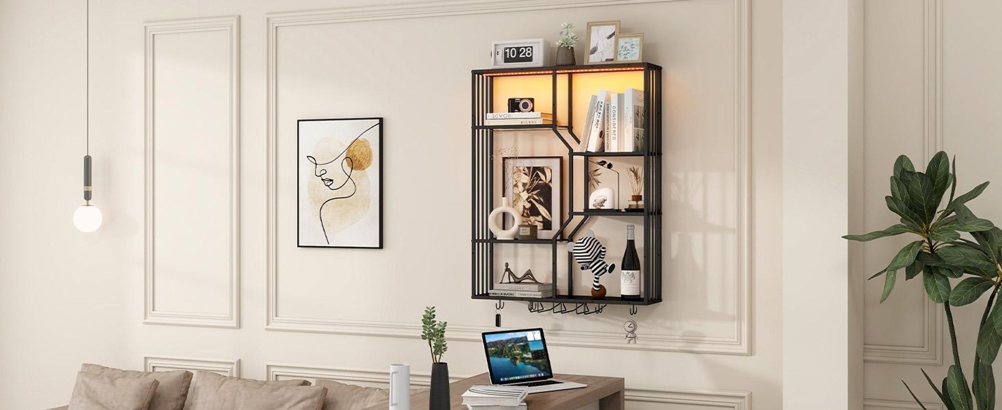 Puluomis Weinregal LED Wandregal 100cm mit RGB-Beleuchtung, App-Steuerung, Beleuchtetes Regal, Sicherheitsglas, 2 Tassenhalter, Weinglashalter schwarz