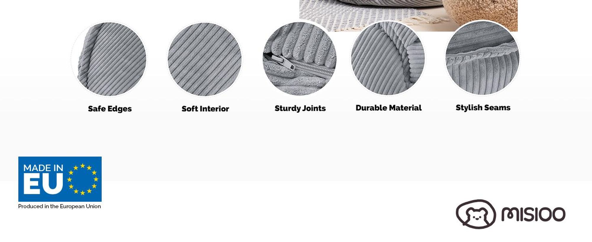 MISIOO Beanbag Kids - Umývateľný - - Pevná a mäkká konštrukcia - Materiál zo šnúry - 68x45 cm - Ideálny do detskej izby - Sivý