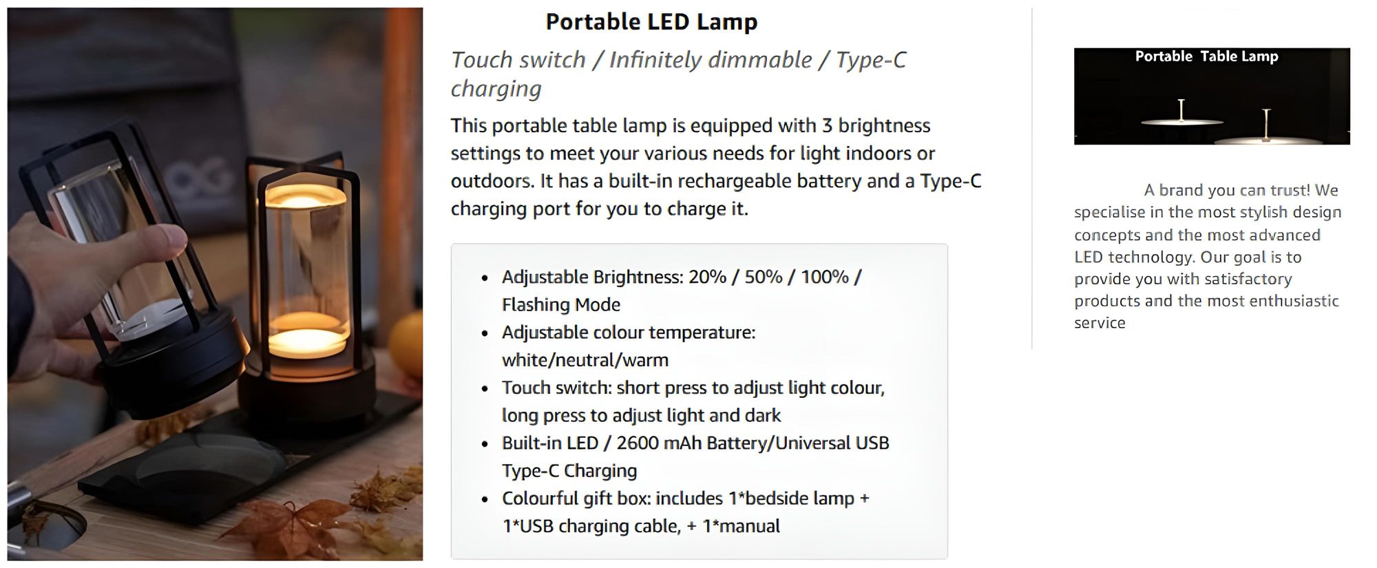 LED Touch Tischlampe Kabellose, Nachttischlampen 2000mAh, 3-Farben Stufenlos Dimmbar, USB wiederaufladbar Campinglampen, Gold, für Camping & Zuhause