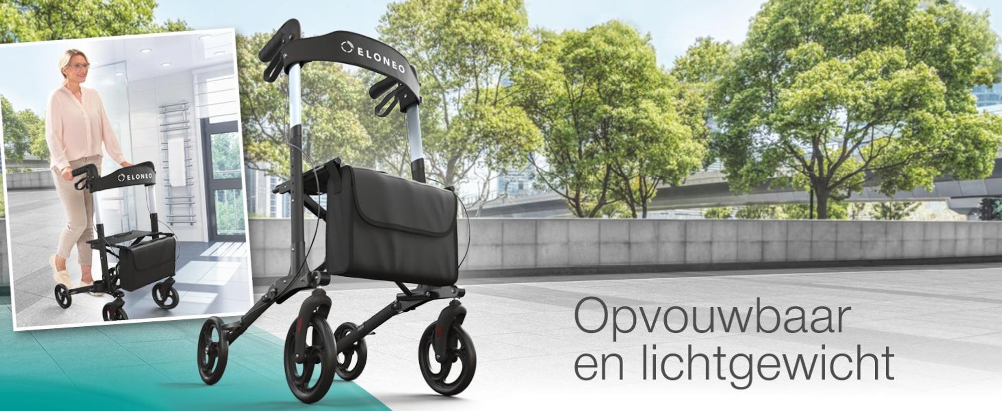 ELONEO inklapbare en lichte rollator met zitplaats, lichtgewicht reiskofferrolator van aluminium, loophulp met 8-voudige hoogteverstelling, inklapbaar in 3 standen