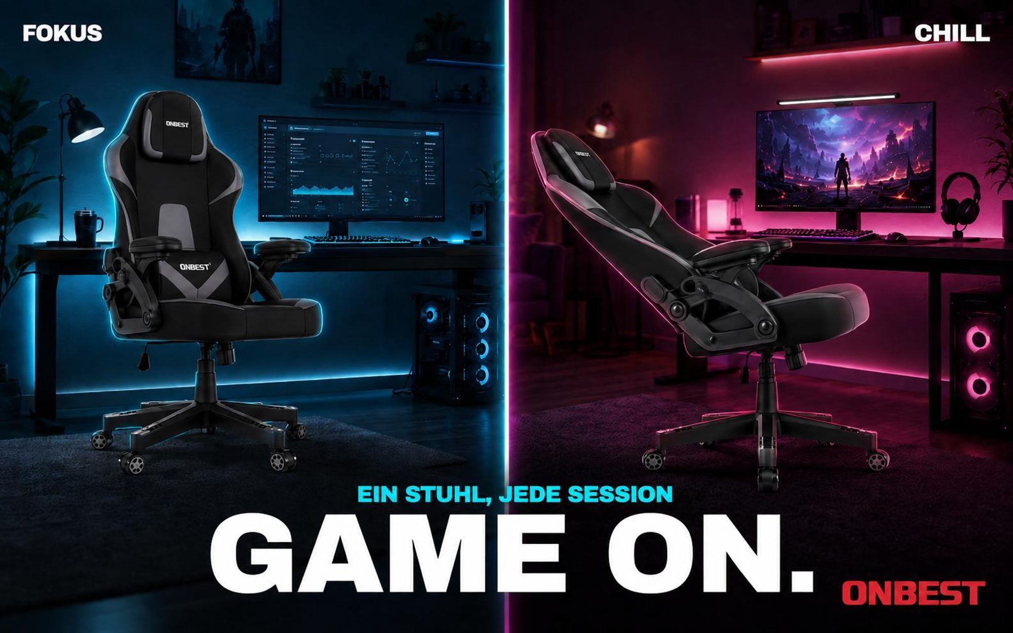 ONBEST Gaming Stuhl | Ergonomisch | mit Lordosenkissen | 150 kg | 360° | verstellbare Armlehnen Kopfstütze Rückenlehne