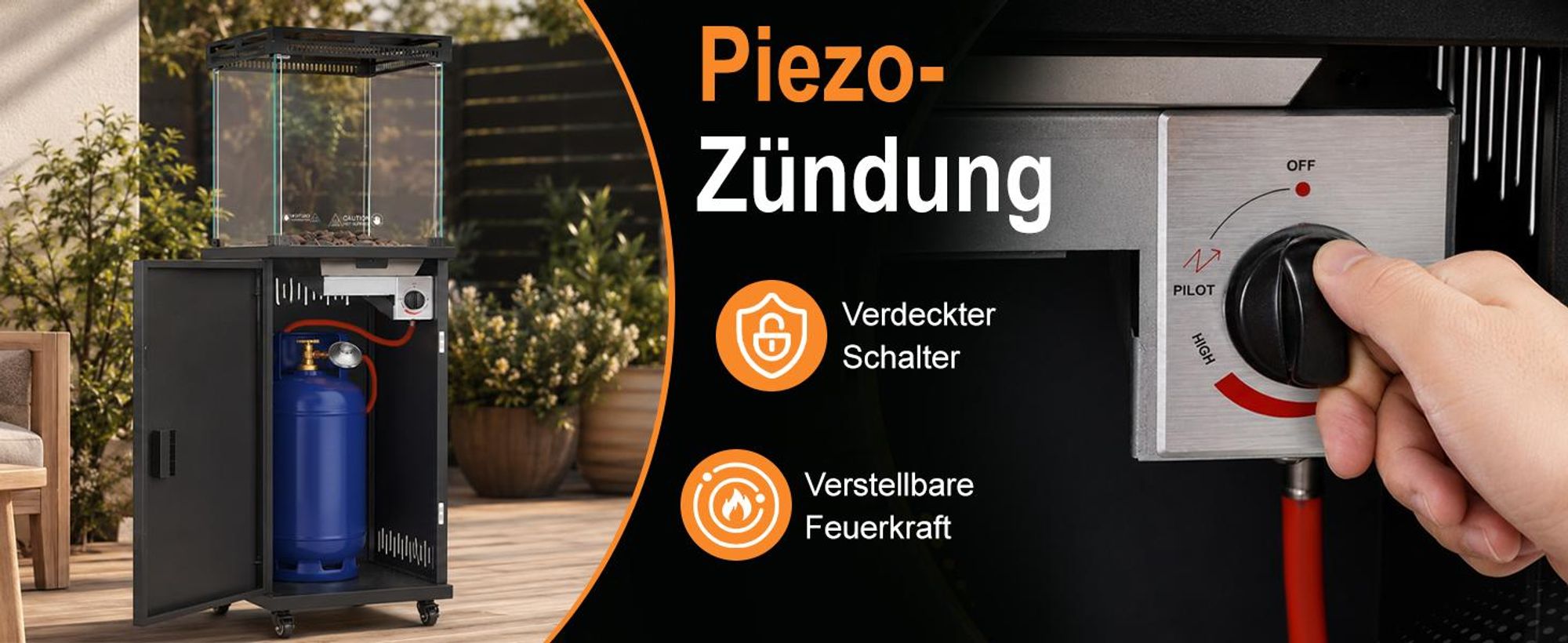 ZMH Riscaldatore a gas per terrazzo 13kW fungo riscaldante protezione anti‑ribaltamento fiamma regolabile mobile bombola 15kg balcone giardino