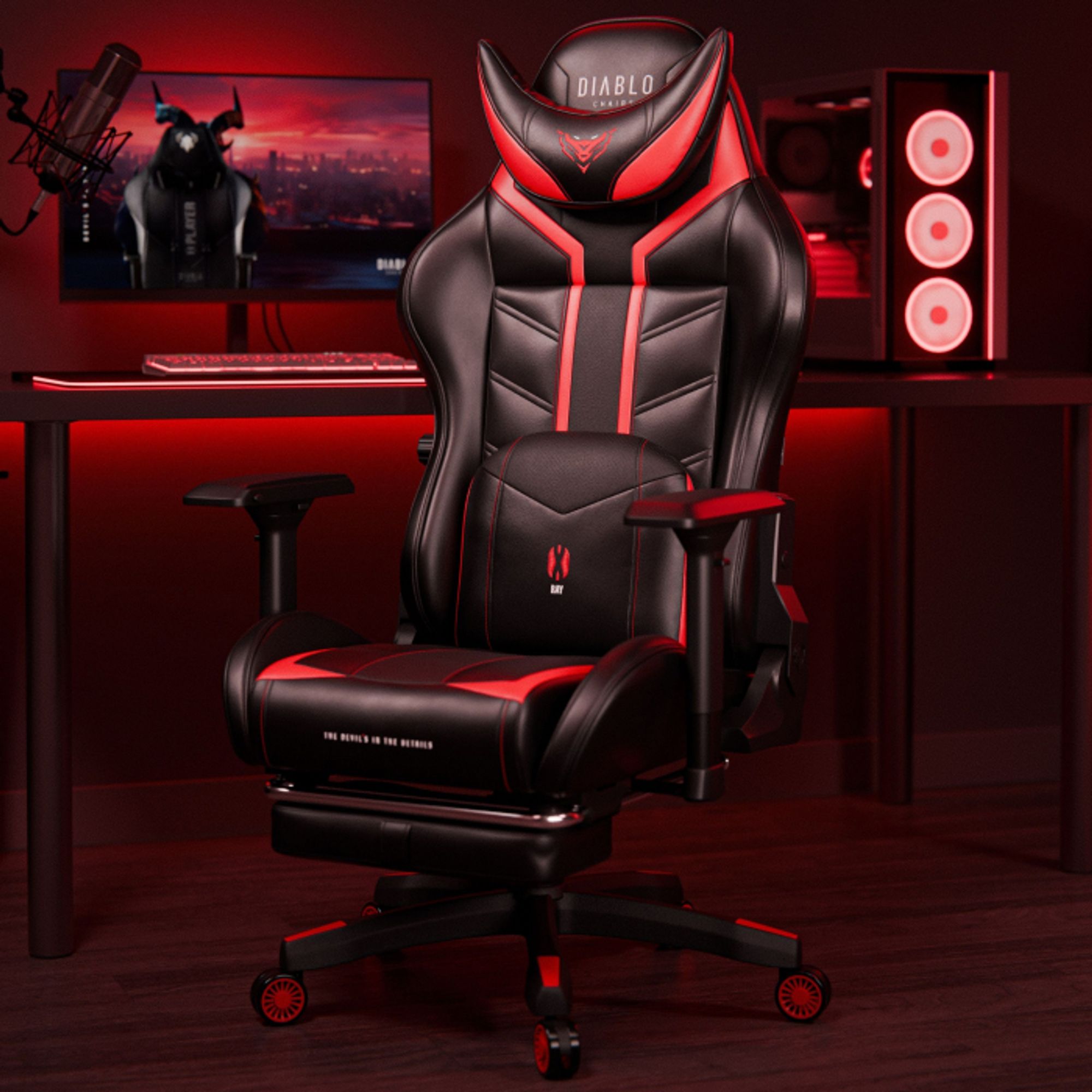 Diablo X-Ray Gaming Stuhl Bürostuhl Schreibtischstuhl 4D Armlehnen Ergonomisch Kunstleder Belastbarkeit bis 150 kg Farbe: Schwarz-rot, Größe Normal