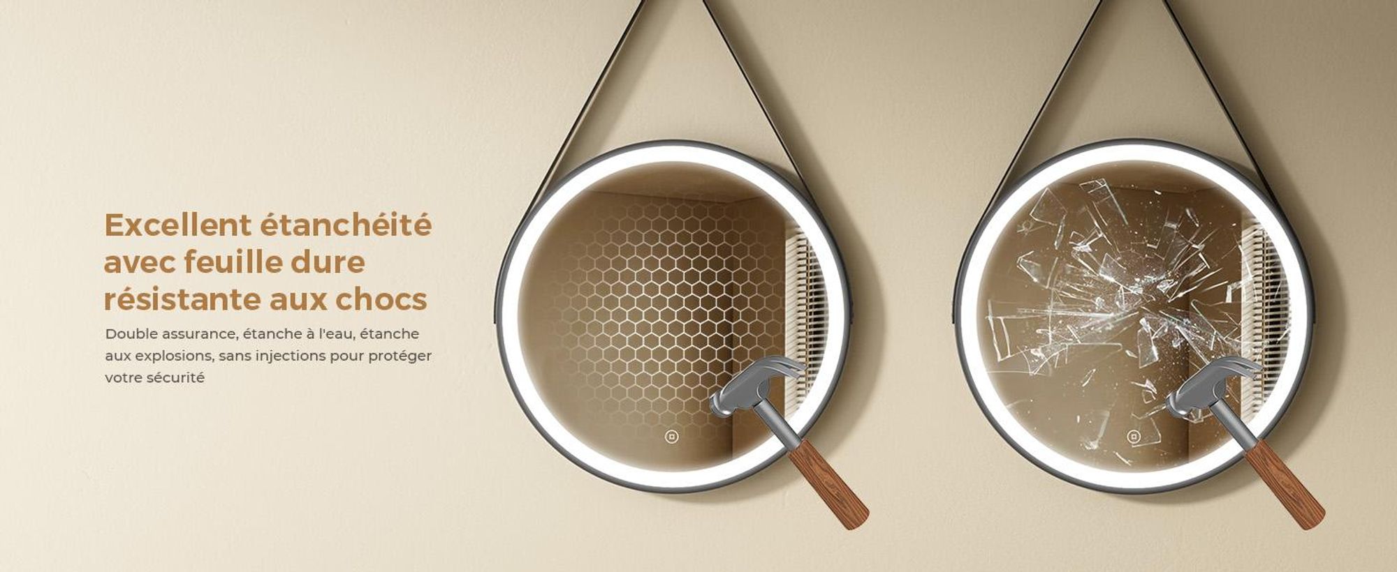 S'AFIELINA miroir de salle de bain 60cm avec éclairage rond miroir de salle de bain LED tactile et lumière blanche froide cadre noir ceinture en cuir réglable