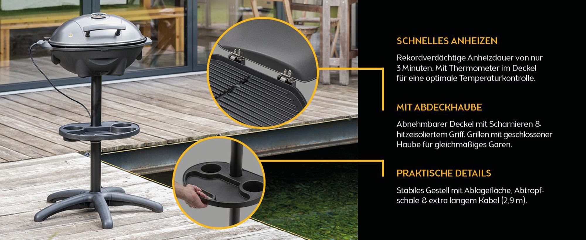 TZS First Austria - Elektrogrill 2in1 - 2400W - Kugelgrill mit Thermometer & Standfuß