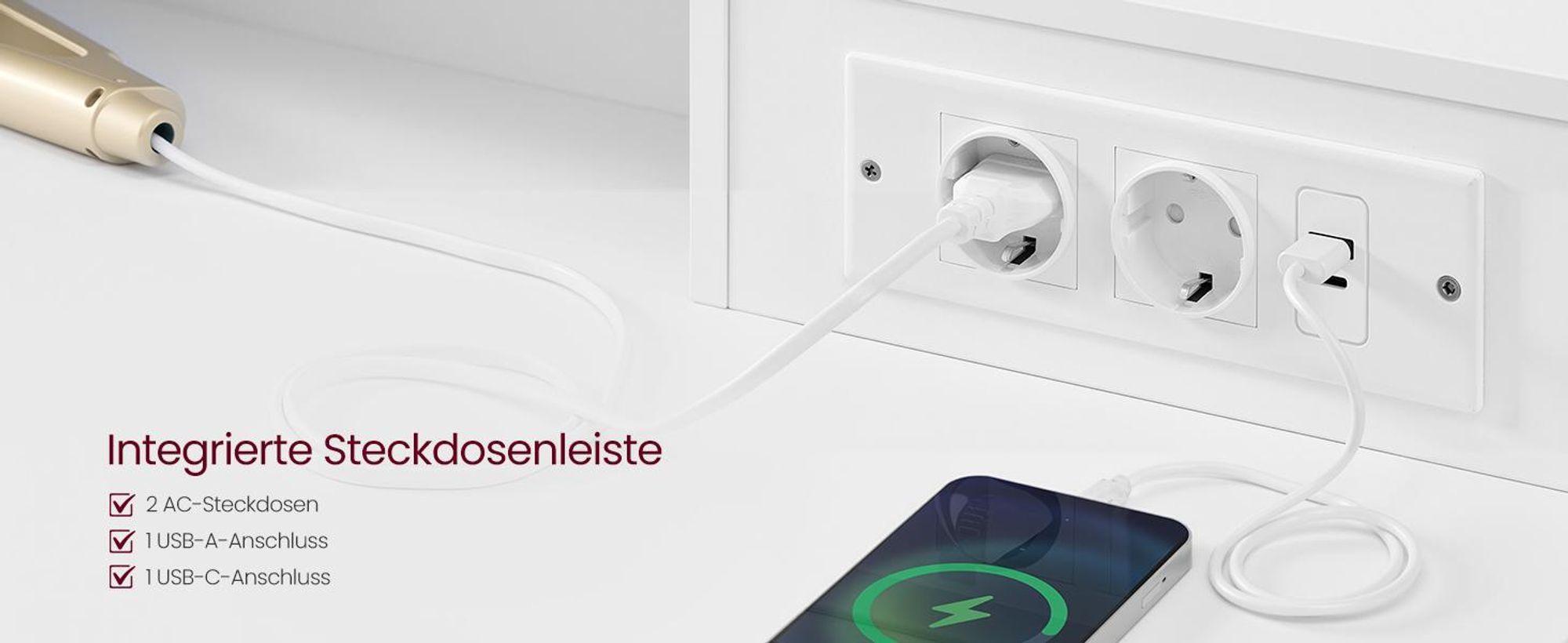 VASAGLE Schminktisch mit LED-Beleuchtung, Frisiertisch mit Klappspiegel, Schubladen, Steckdosen, einstellbare Lichtfarben, weiß