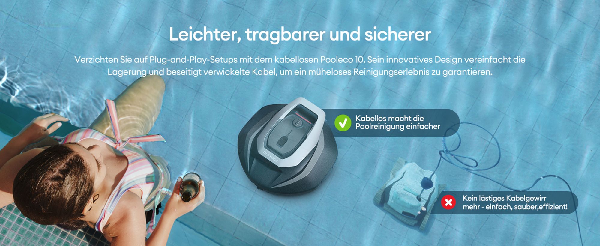 Ultenic Pooleco Poolroboter, Kabelloser Poolsauger Akku, 5200mAh, 90 Min, 2 Bürstenlose Motoren，Automatische Reinigung,2.5L Behälter,Selbstparker