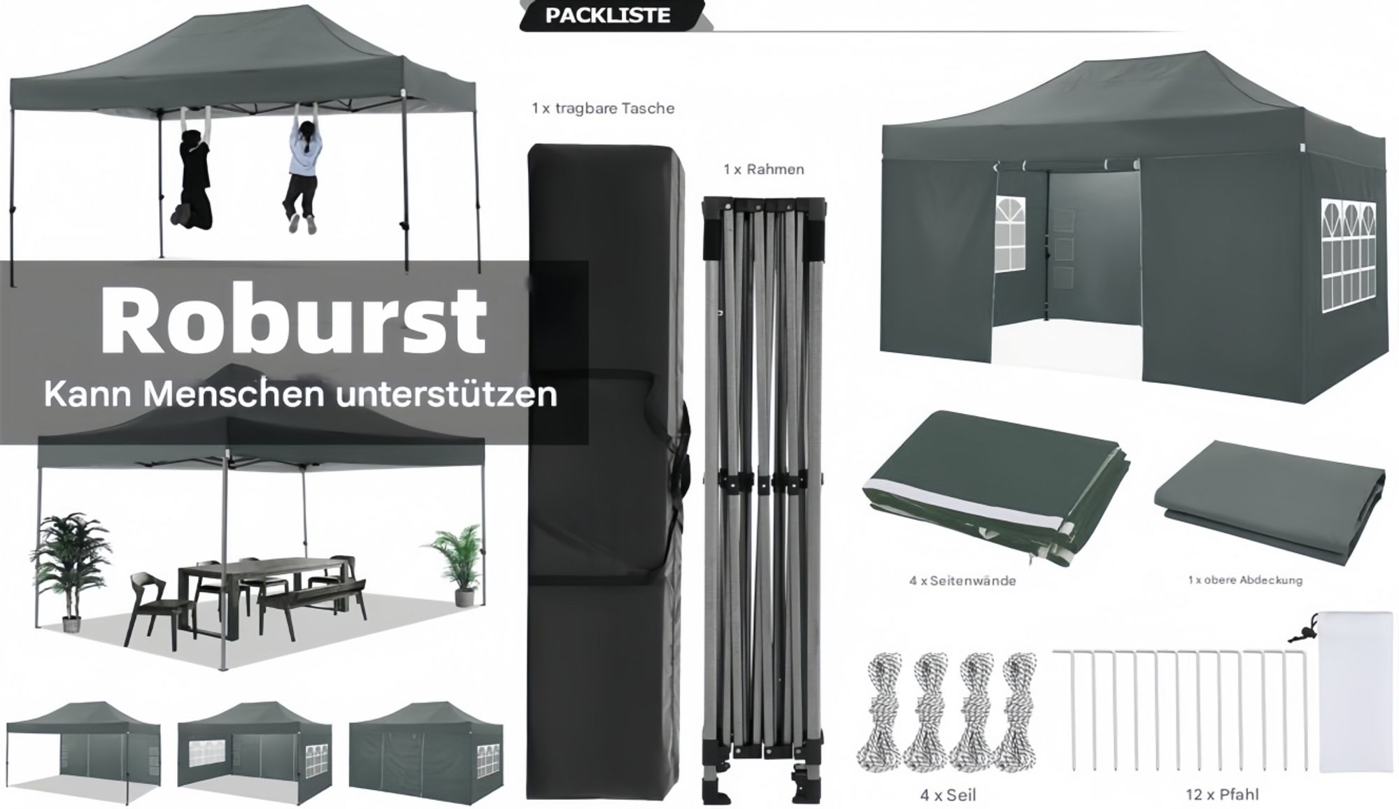 Faltpavillon Pavillon 3x4,5m, Festzelt Gartenpavillon für Garten Terrasse Feier Party, wasserdicht stabil Winterfest & UV-Schutz mit 4 Seitenteilen , 12 Heringe & 4 Seile & 1 Tragetasche, Grau