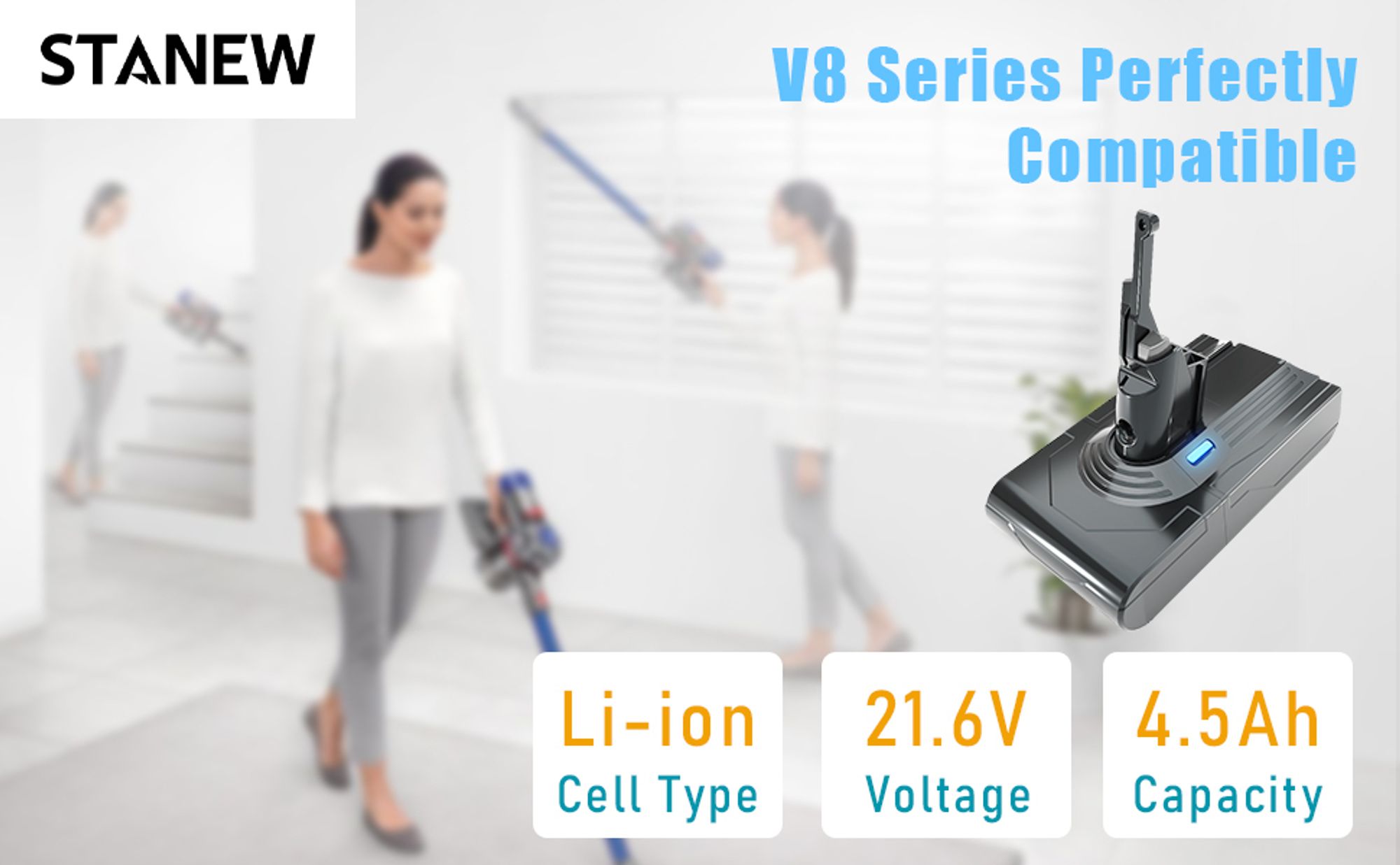 STANEW 21,6V, 4500mAh Li-ion Akku Ersatzakku für Dyson V8 SV10 Staubsauger, Ersatzakku für Dyson Akku V8 Absolute V8 Fluffy V8 Animal SV10, mit 2 Filtern