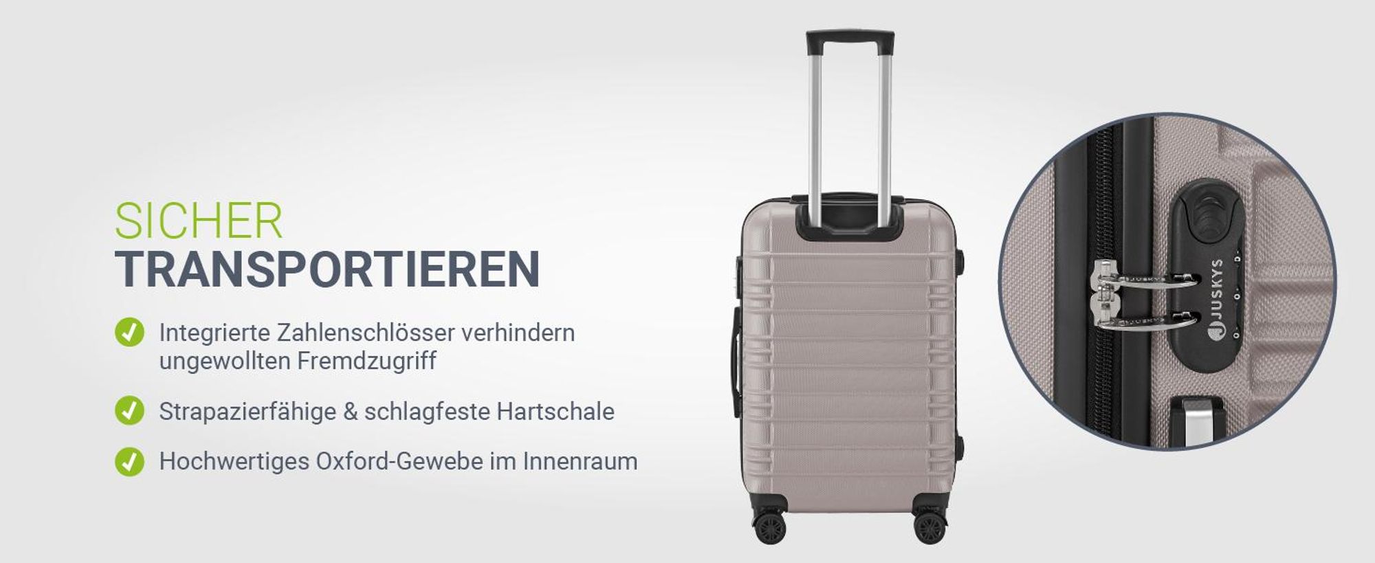 Juskys Hartschale Kofferset Reisekoffer 4 teilig - Zahlenschloss, geräuscharme 360° Rollen groß, Teleskopgriff, leicht - Koffer in Champagner