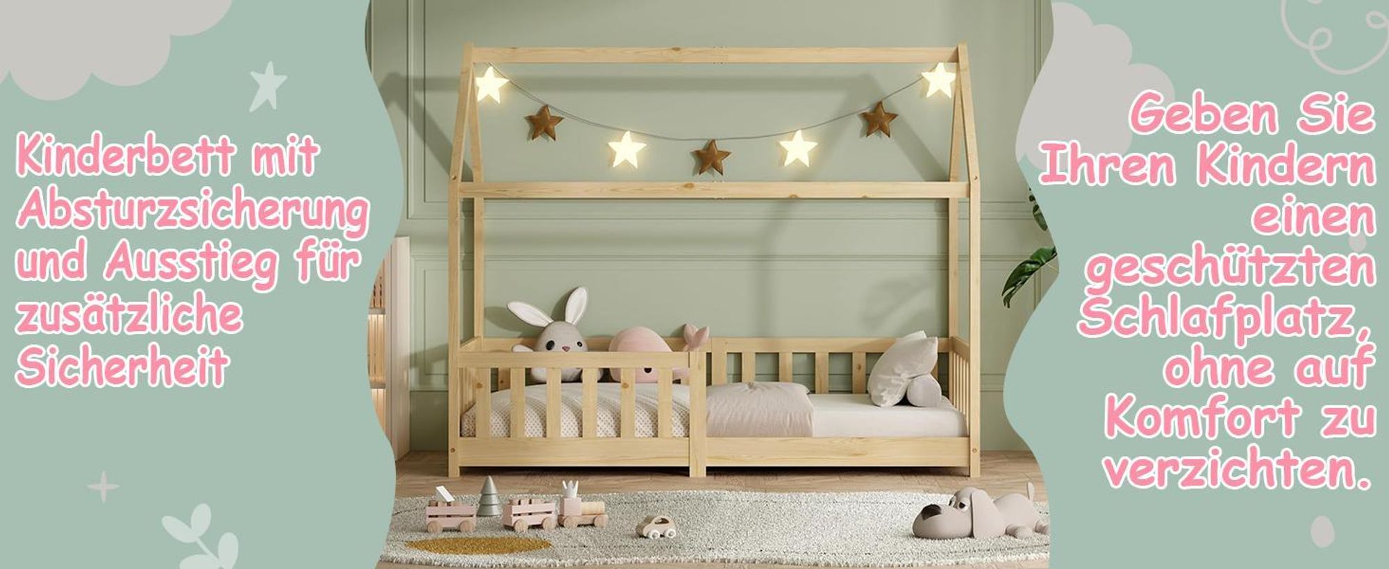 Kinderbett 90x200 mit Rausfallschutz und Lattenrost, Hausbett - Kinderbett 90x200 für Kinder - Kinderbett Hausbett 90x200 Weiß