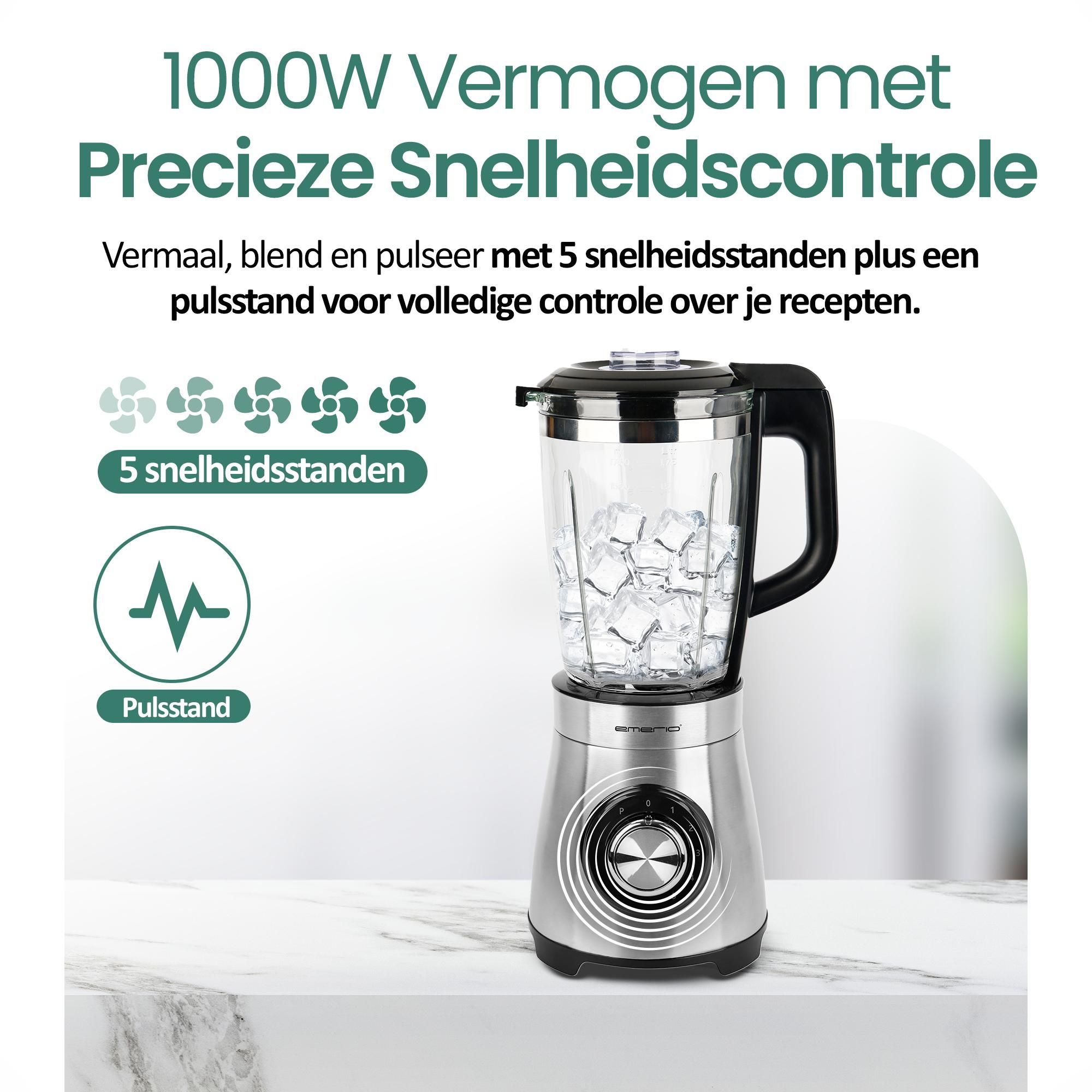 Emerio Blender BL-126794 – 1,75 L – 1000 W – 5 Snelheden – Glazen Kan – RVS Messen