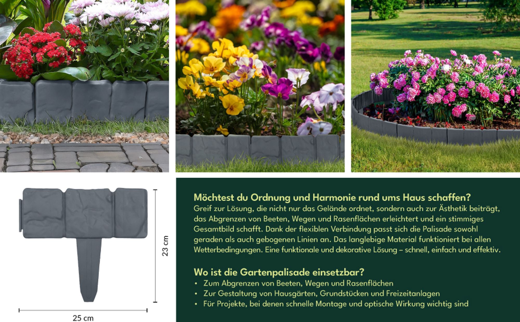KRUMAD Rasenkante Beeteinfassung Steinoptik 250 cm 10 Stück Anthrazit Flexible Kunststoff Wetterfest Garten