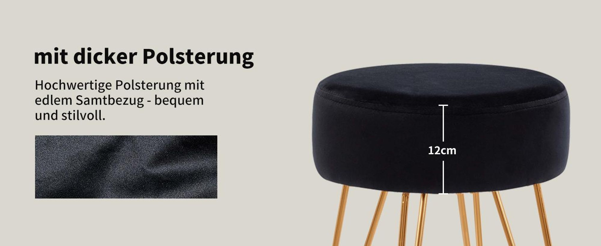 Duhome stolička okrúhla zamatová stolička s kovovými nohami, čierna