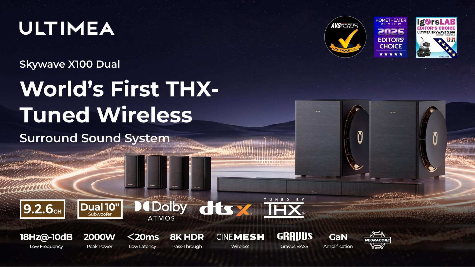 ULTIMEA Skywave X100 Dual 2000W 9.2.6ch Sistema de Sonido Envolvente Inalámbrico con Ajuste THX, Barra de Sonido con Dolby Atmos y DTS:X