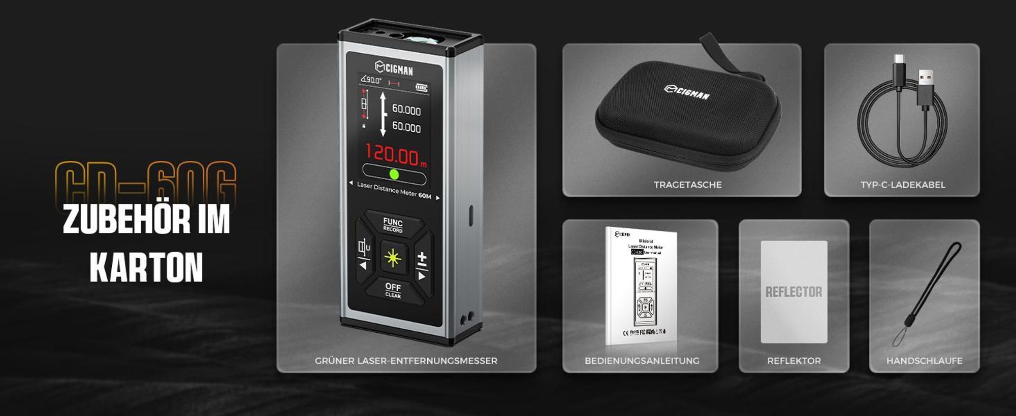 Laser Entfernungsmesser Bilaterales Grün, CIGMAN 120m/390Ft Multifunktionales Lasermessgerät mit LCD-Display, Magnetische Anziehungsfunktion,Winkelsen