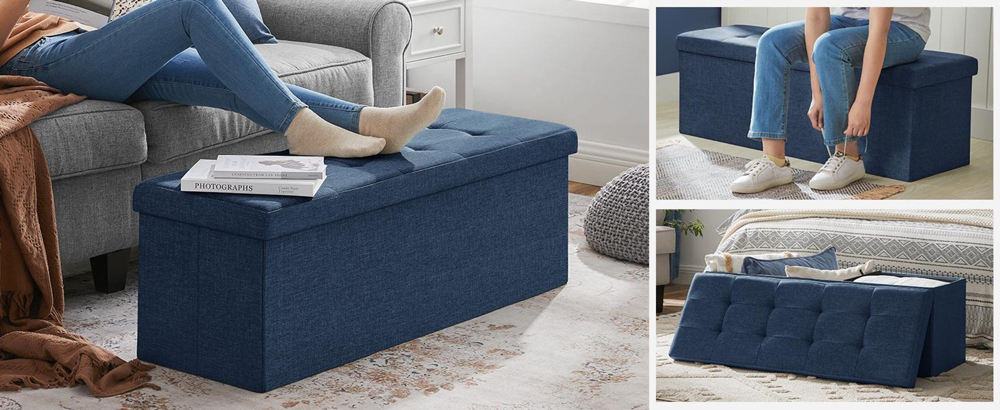 SONGMICS 110 cm Sitzbank mit Stauraum, klappbare Sitztruhe, Fußbank, dunkelblau