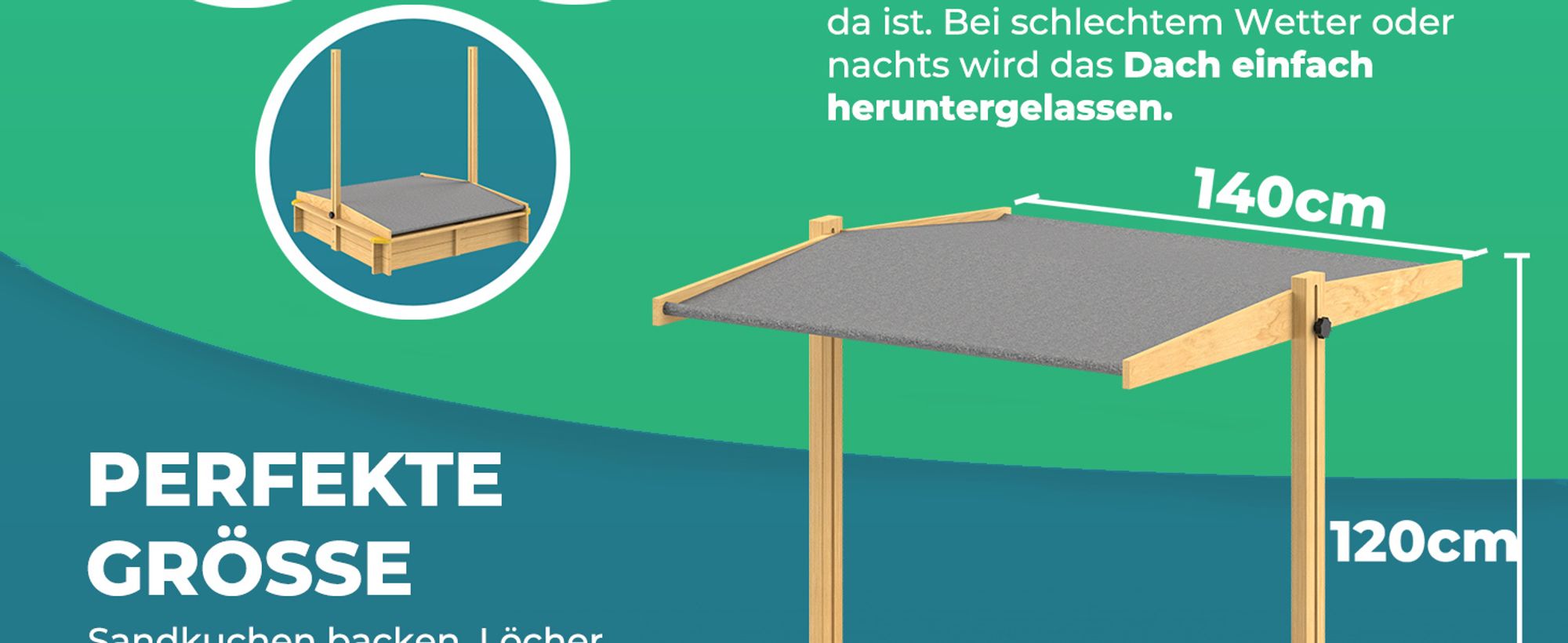 SPIELWERK® Sandkasten Fritzi Sonnendach 140x140x120cm Naturholz Fichtenholz UV-Schutz Sandbox UV50+ Kantenschutz Bodenvlies Sandspielzeug Kinder