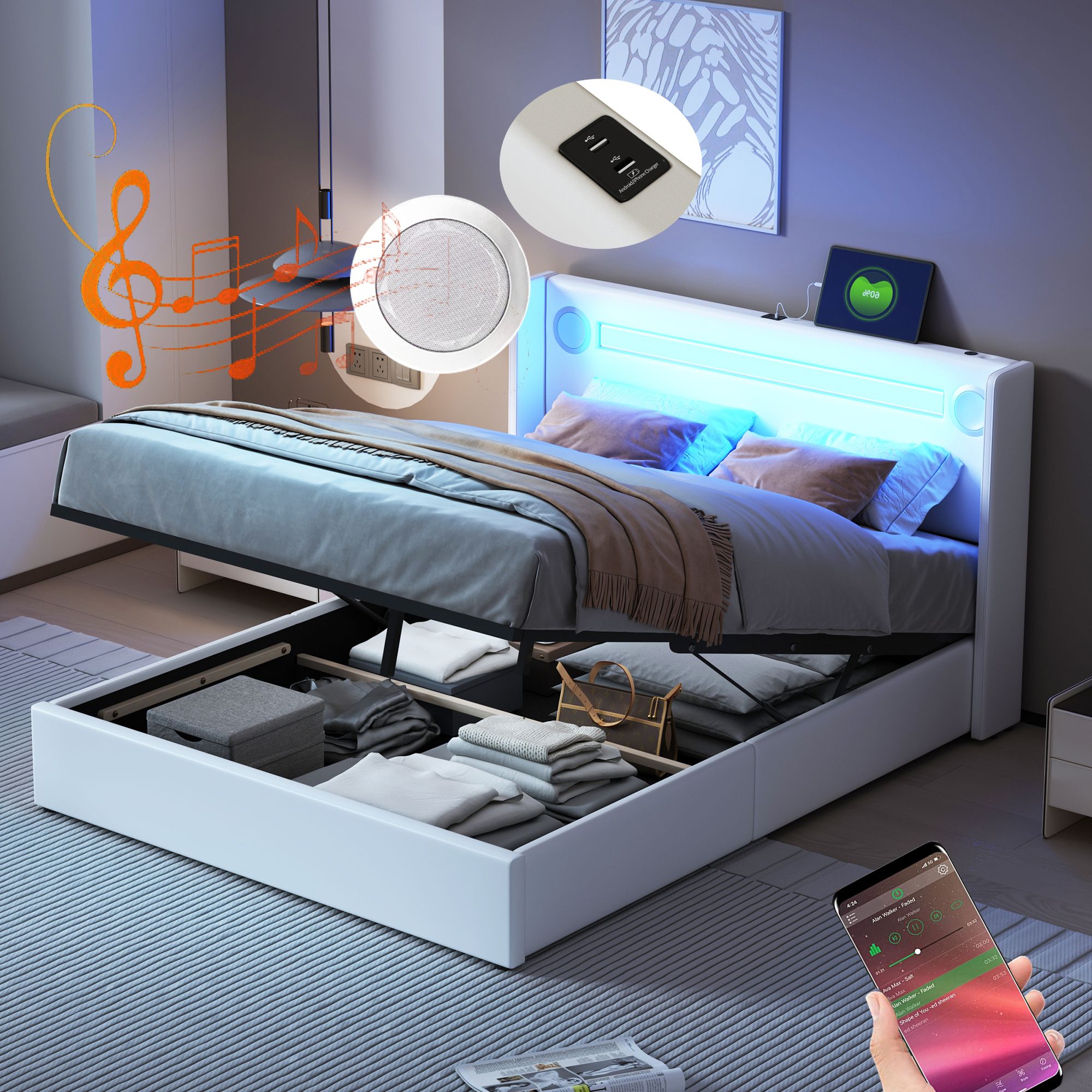 Flieks Polsterbett 140x200cm mit USB und Bluetooth-Player, Boxspringbett Doppelbett mit LED und Lattenrost, Stauraumbett Jugendbett, PU, Weiß