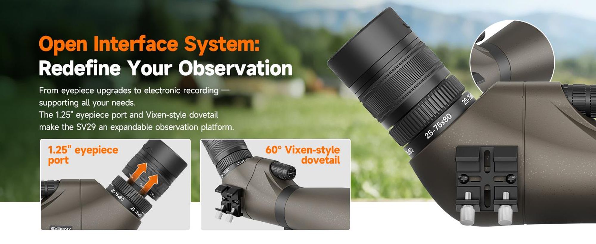 Svbony SV29 Spektiv, 25-75×80mm, 4-Glas 6-Linsen, mit Handyhalterung, verbesserte Version des SV13, für Sportschützen, Vogelbeobachtung