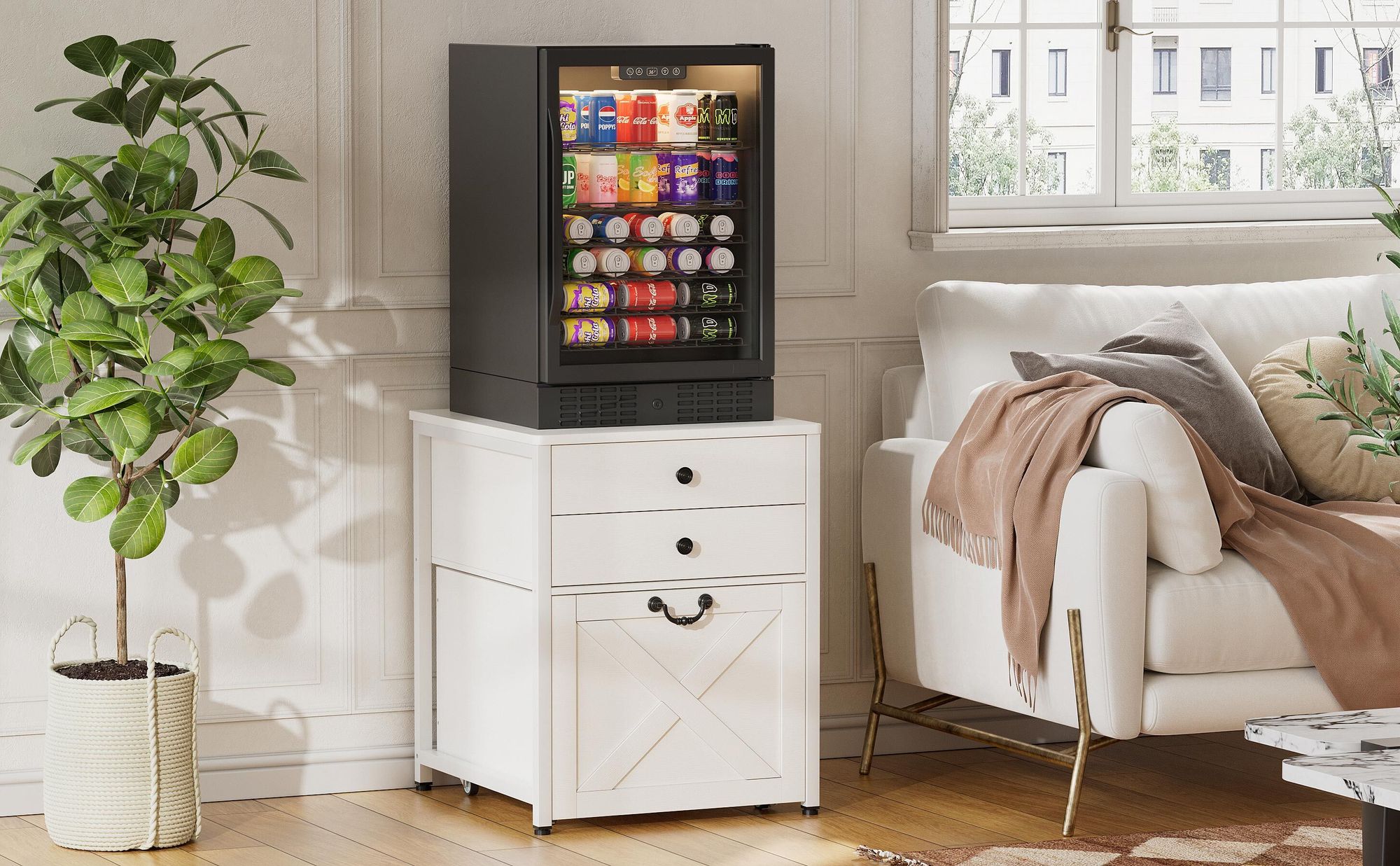 Mini-Backofen/Kühlumbauschrank mit Aufbewahrung, 3-stöckiger Organizer, mit Rollschrank, robuster Kühlschrankständer für Zuhause und Büro, rustikales