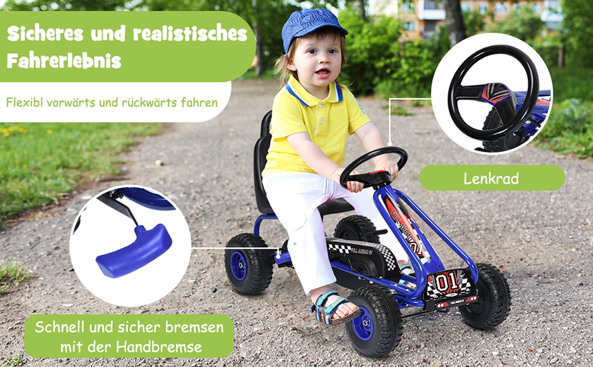 Kinder Gokart mit Handbremse & verstellbarem Sitz, Tretauto Tretfahrzeug mit geschlossenem Kettenkasten & Vor- und Rückwärtsgang,  für Kinder 3-6 Jahren, bis 30 kg belastbar (Grün)