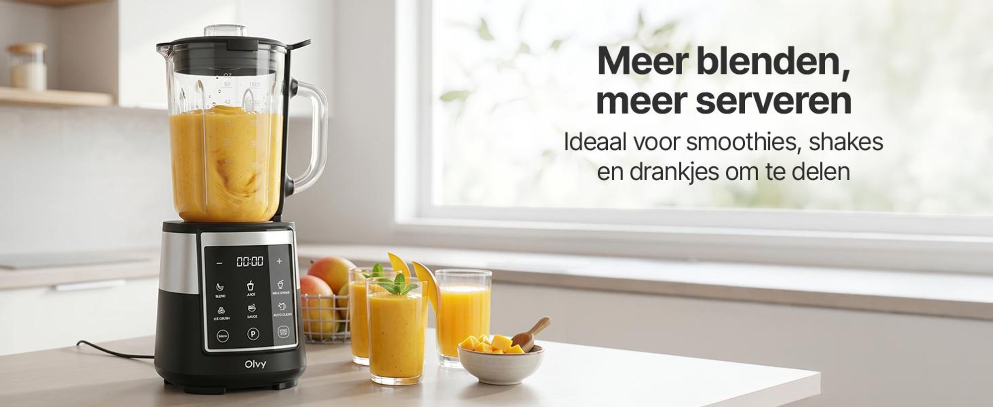 Olvy staafmixer, 1,5 liter glazen kan met 600 ml Tritan-beker, mixer met touchscreen, pulsefunctie en automatische reiniging, geschikt voor smoothies en het vermalen van ijs
