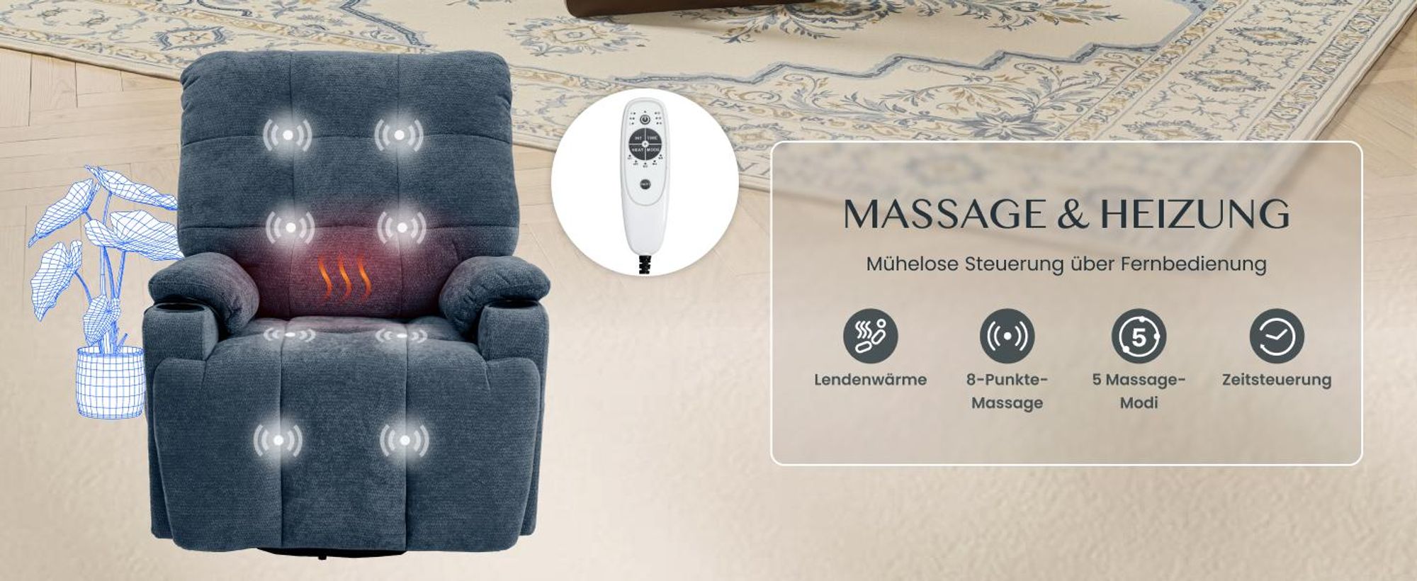 FLEXISPOT XR7 Elektrischer Relaxsessel, Massagesessel mit Heizfunktion, 360°drehbar, USB-Anschluss, 105°-165° verstellbar, belastbar bis 200 kg (Blau)