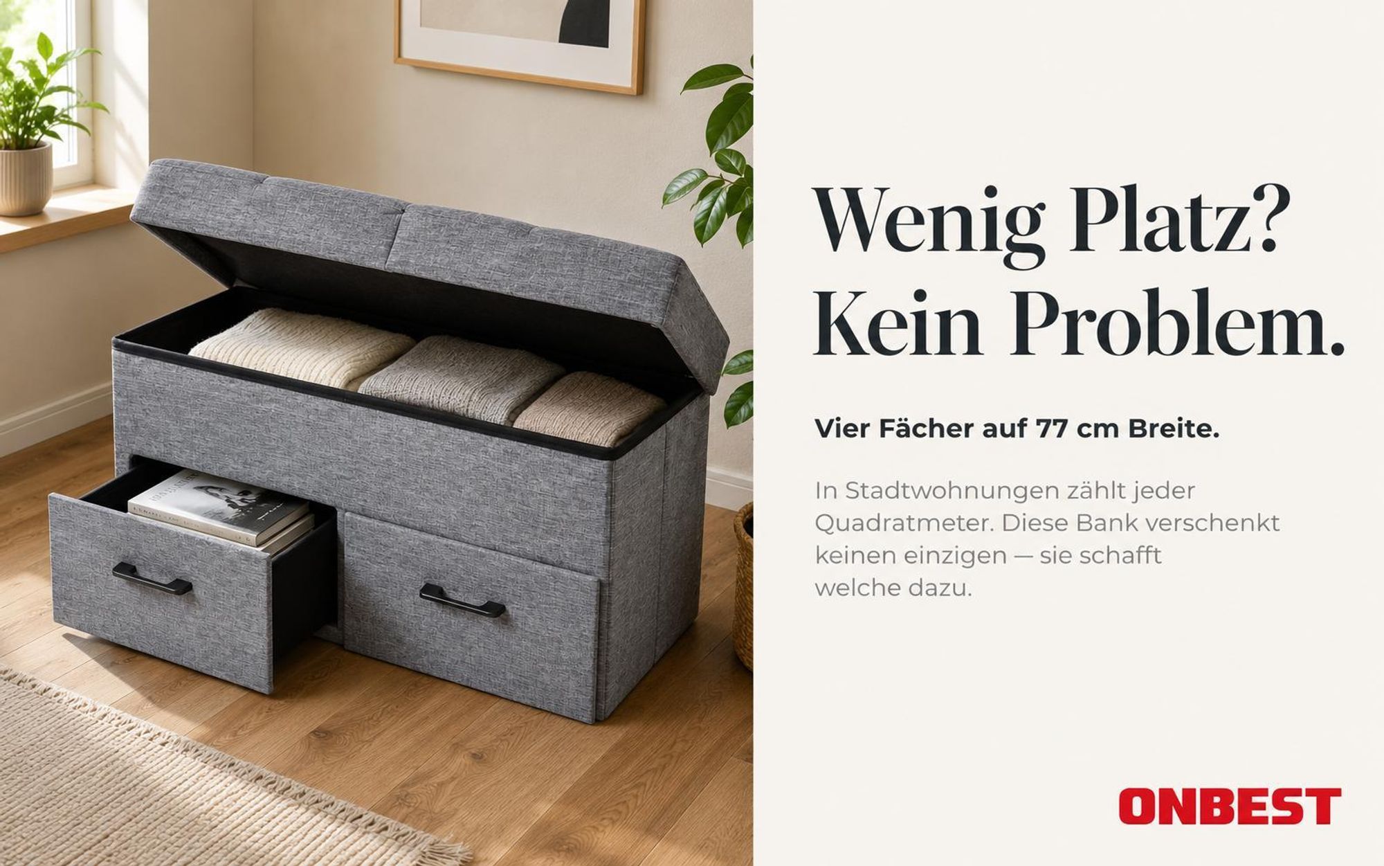 ONBEST Sitzbank mit Stauraum | 2 Schubladen | Grau | 110 kg | 77x40x38 cm (BxHxT) | Leinenoptik | klappbarer Deckel | gepolstert