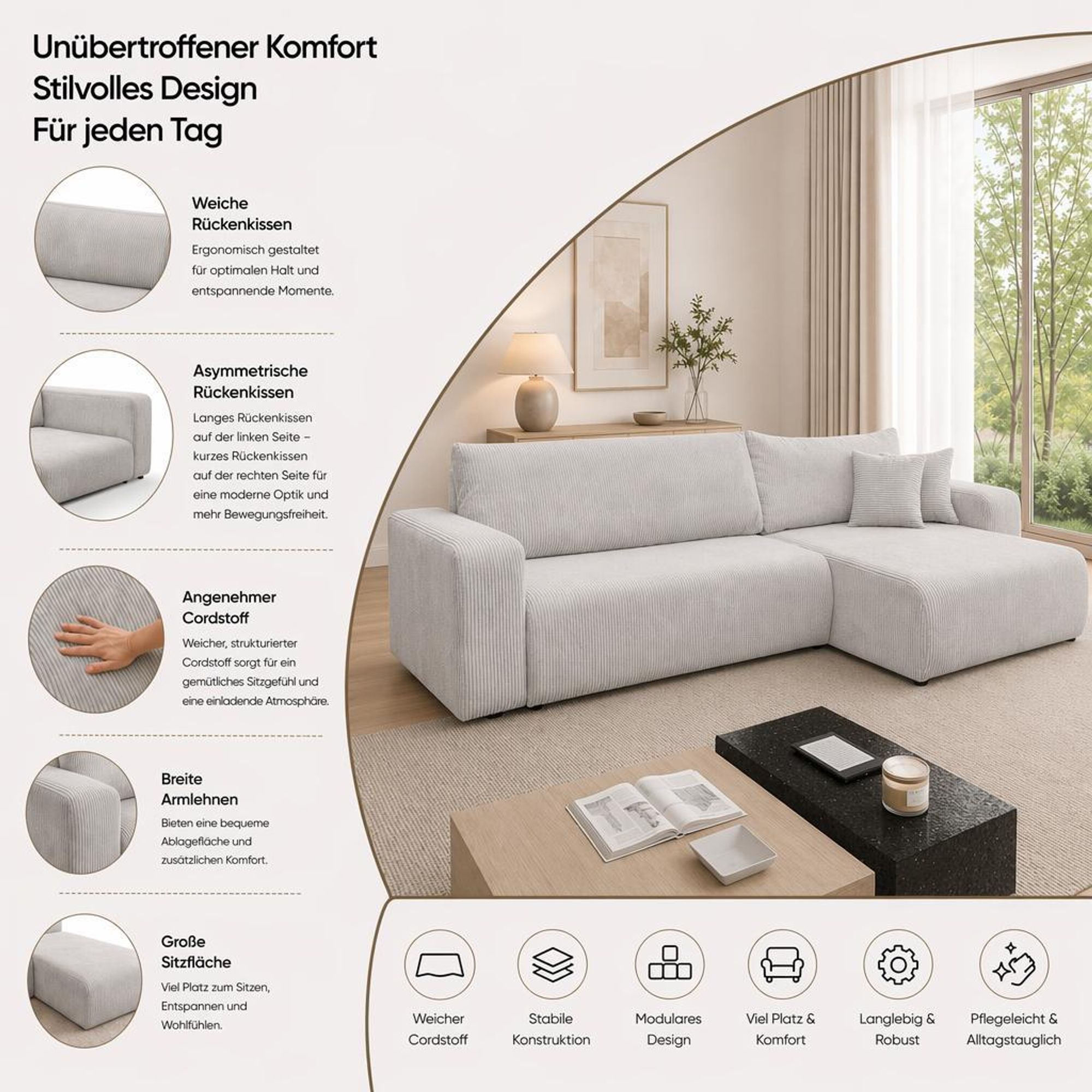 VENASI LUNA XL Cord Ecksofa L-Form mit Schlaffunktion & Bettkasten Schwarz
