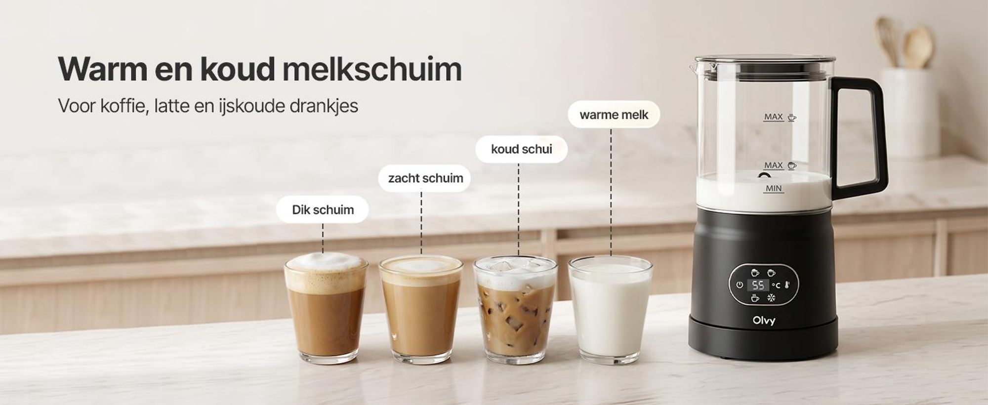 Olvy Elektrische melkschuimer van glas, 4-in-1, 500W, met temperatuurindicator, 160 ml melkschuim, 400 ml verwarmde melk, voor warme en koude melkschuim, zwart