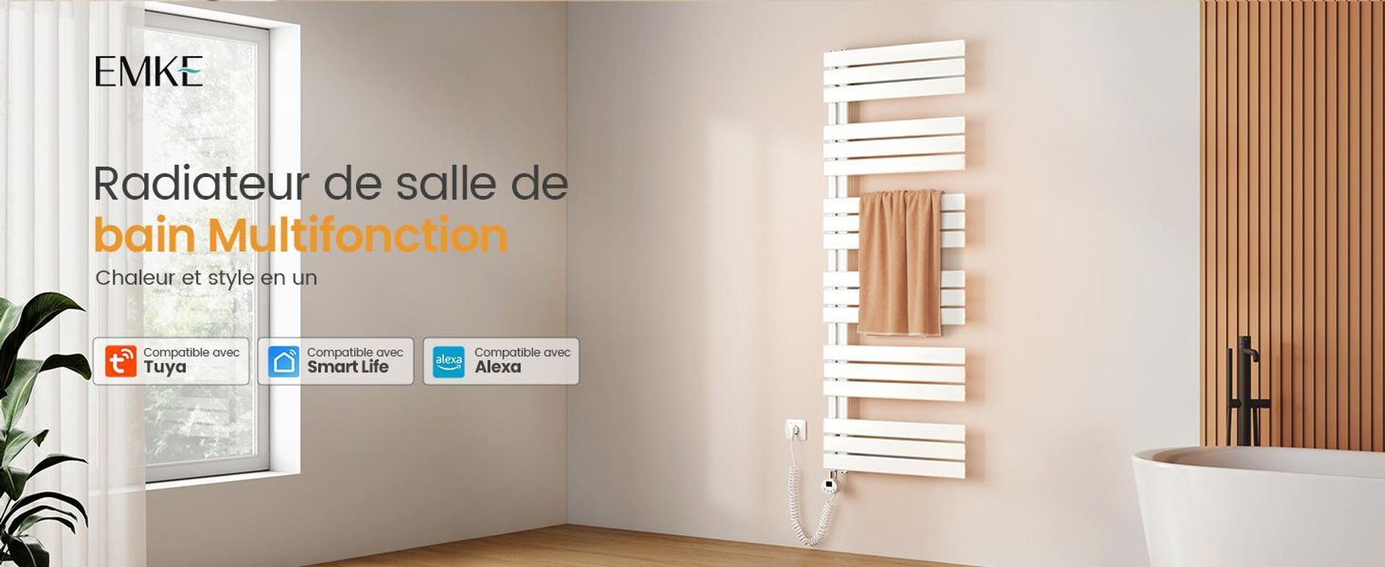 Radiateur de salle de bain EMKE électrique avecvia application Wi-Fi Thermostat Sèche-serviettes 1320 x 600 mm Blanc Porte-serviettes 800 W Sèche-serviettes