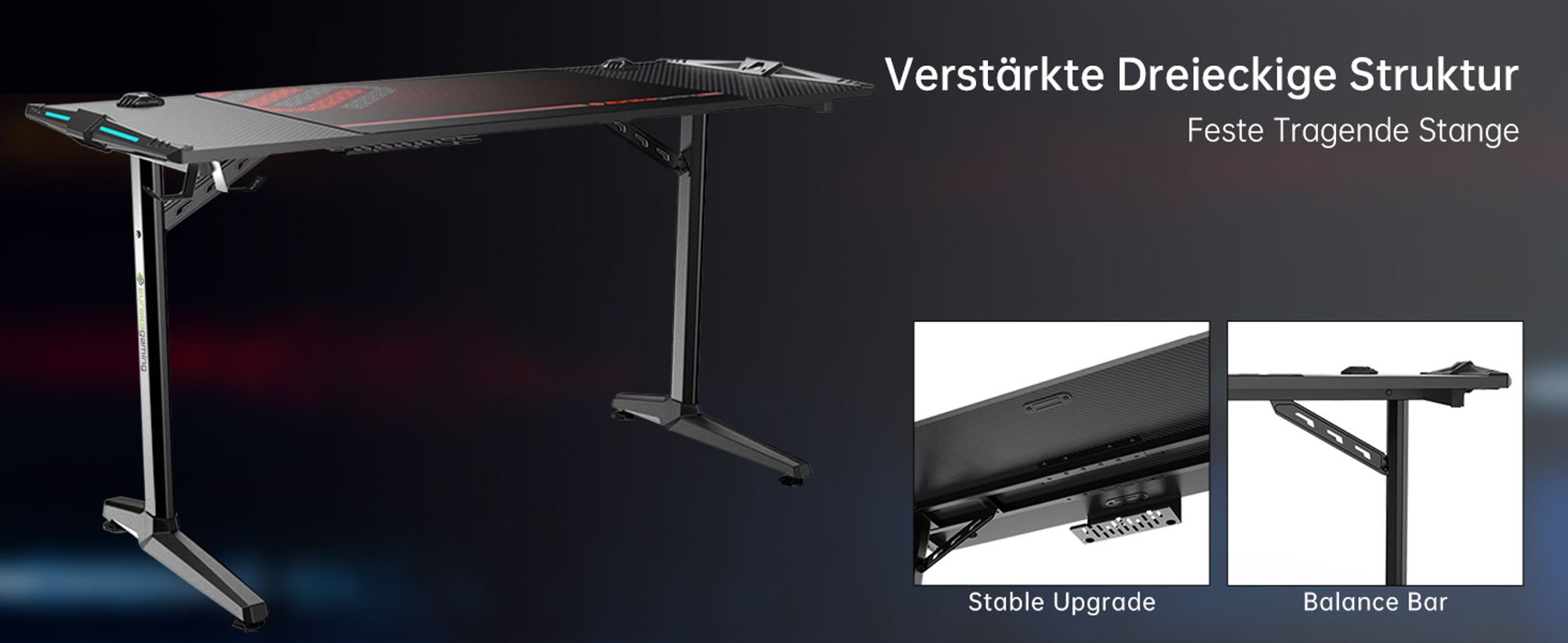 EUREKA ERGONOMIC Gaming Tisch mit LED Computertisch 140×60cm Schreibtisch Gamingtisch mit Getränkehalter und Kopfhörerhalter