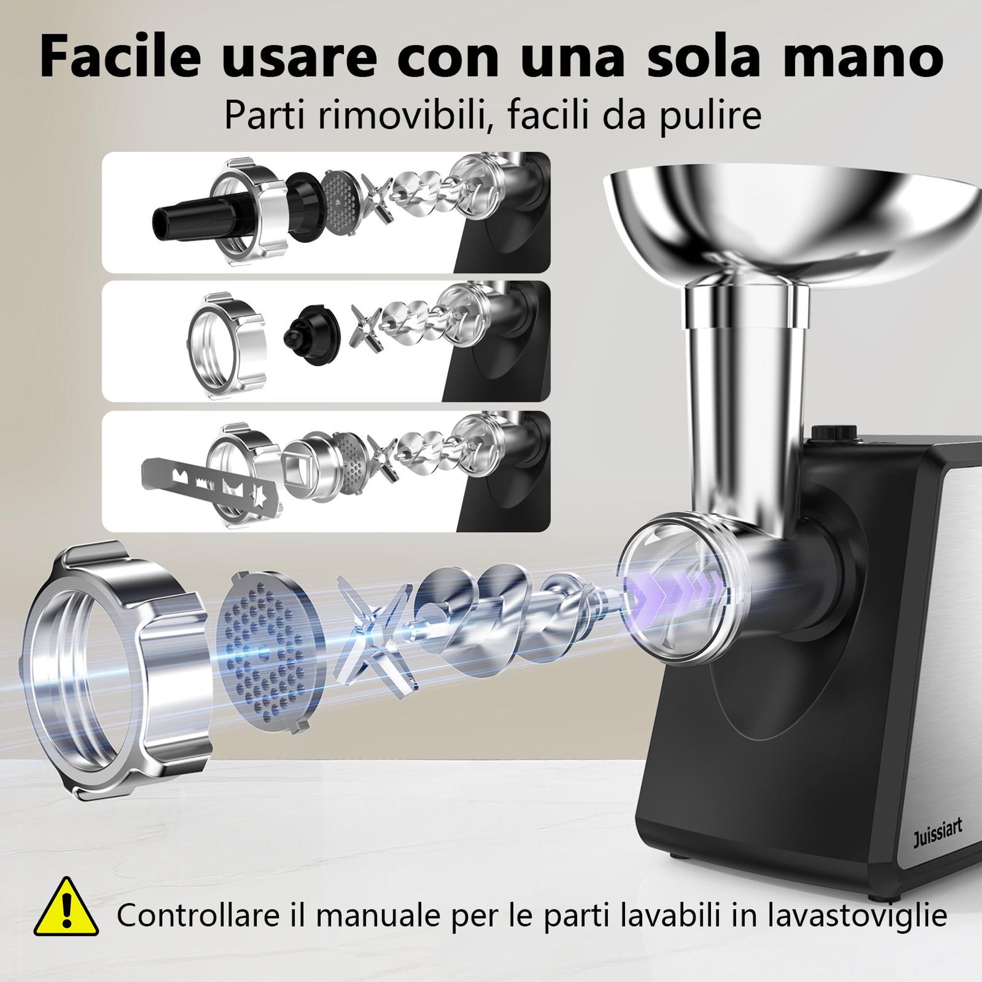 Juissiart MG4150R Tritacarne - Potenza 300W resa di carne 1.2KG/Min materiale della lama acciaio 420 per metallurgia delle polveri - Nero