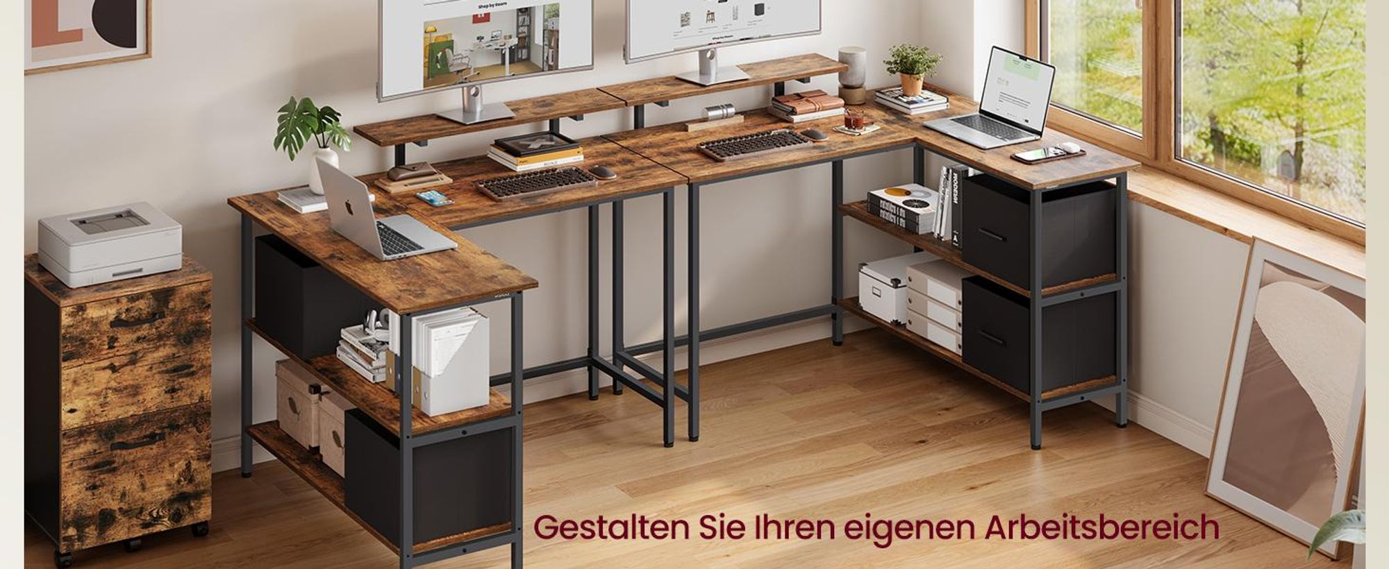 VASAGLE L-förmige Schreibtisch Eckschreibtisch Computertisch mit Schubladen 115cm Vintage