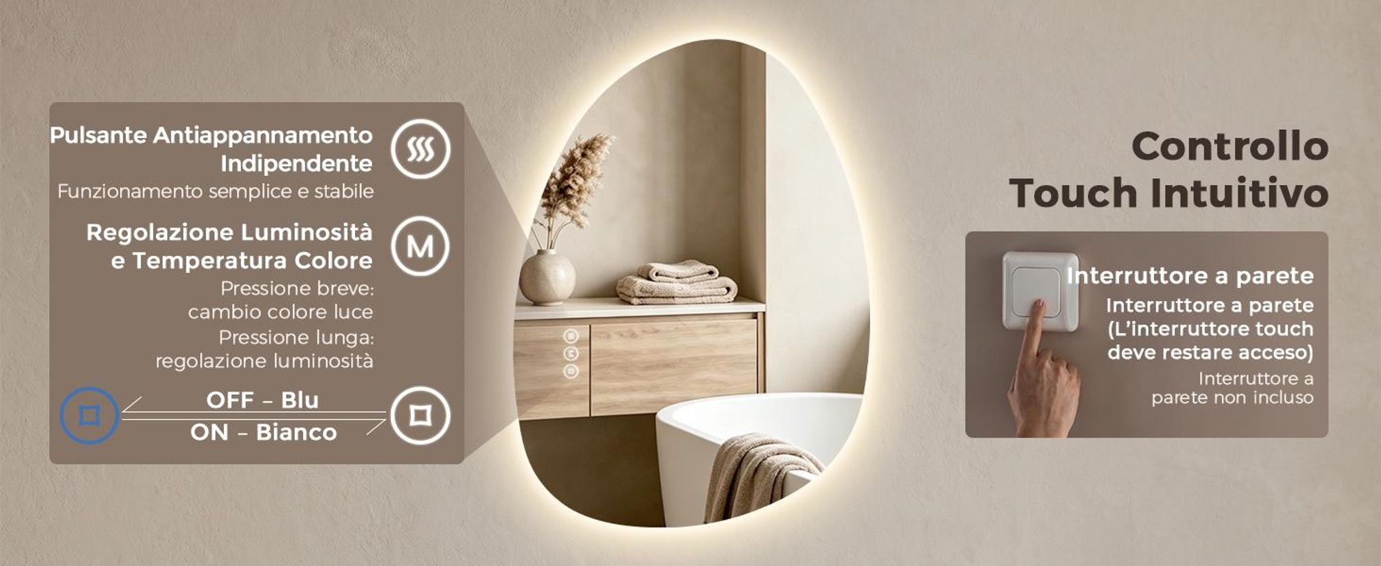 S'AFIELINA specchio da bagno con illuminazione 60×45 cm Specchio da parete con interruttore a LED 3 colori di luce e dimmerabile, funzione antiappannamento e memoria