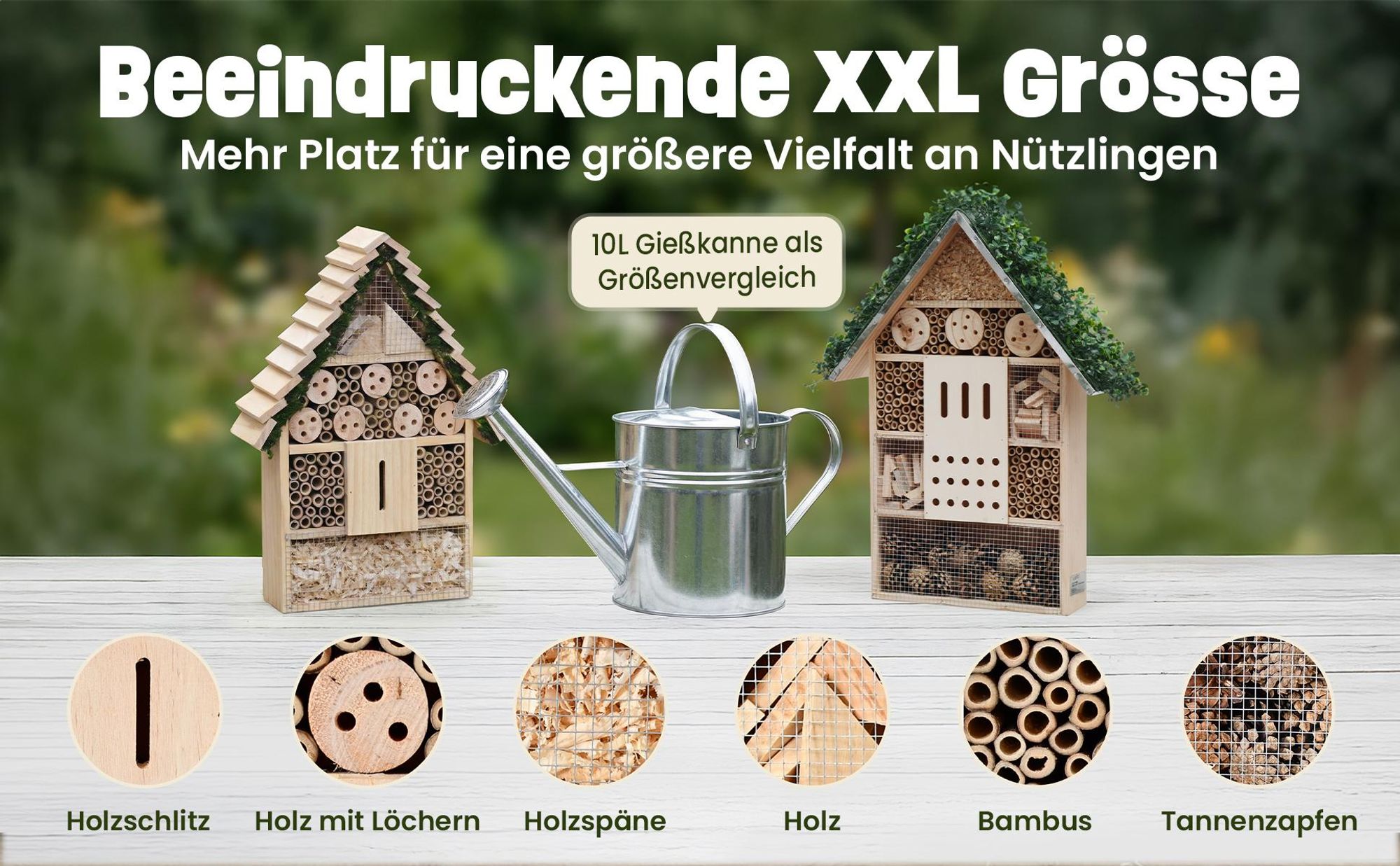 Insektenhotel Wetterfest Metalldach zooprinz | Massivholz | Aufhängbar | 31 x 50 cm | Bambus Holzspäne Holzlöcher Kiefernholz Tannenzapfen