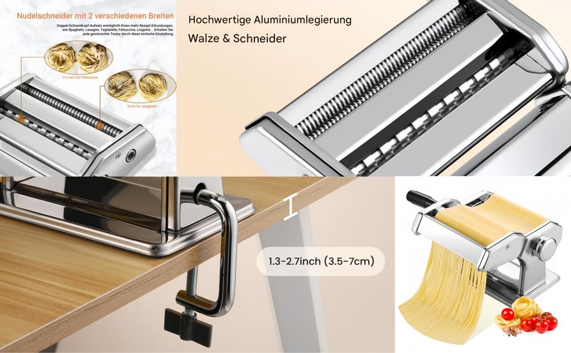 3-in-1 Edelstahl Nudelmaschine Pasta Maker mit 2 Klingen und 9 Einstellbare Dicke, Nudelschneider, Frische Manuelle Pasta Walze Maschine mit Befestigungsklammern, Silber