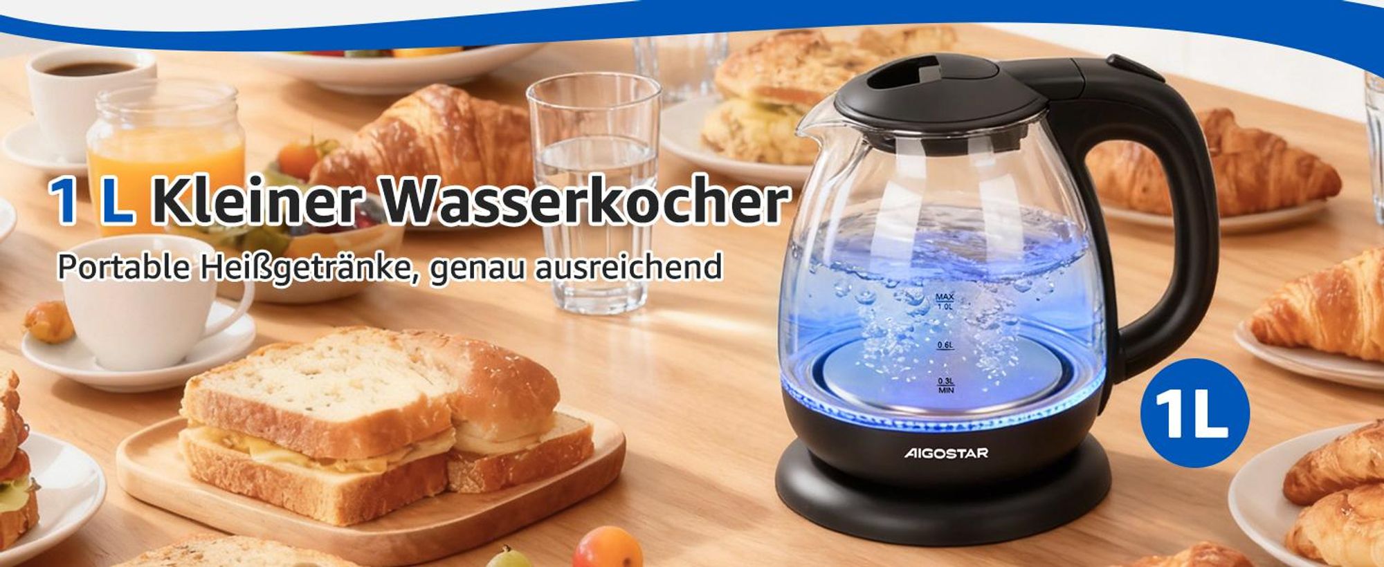 Aigostar 8433325204907, 1 l, 2200 W, Schwarz, Glas, Kunststoff, Edelstahl, Drahtlos
