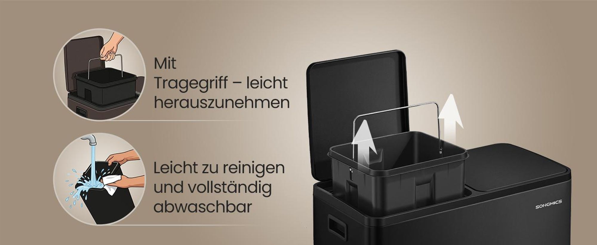 Abfalleimer 2 Fächer, Mülleimer 2 x 30 L, Tretmülleimer Softclose-Deckel, Küche, herausnehmbare Inneneimer, schwarz