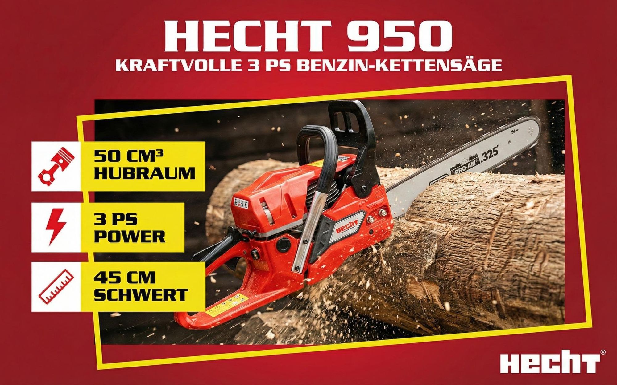Kettensäge Motorsäge Benzin HECHT 950  | 3 PS / 50 cm³ | 45 cm Schwertlänge | 23 m/s  | 12.000 U/min