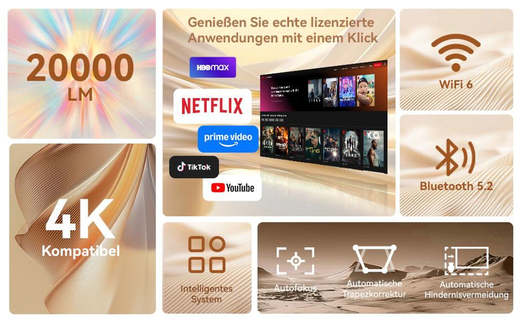 Beamer 4K Mit Netflix (Elektrischer Fokus) Beamer (20000 lm, 20000 : 1, 3840x2160, 1920x1080 px, Elektrische Fokussierung